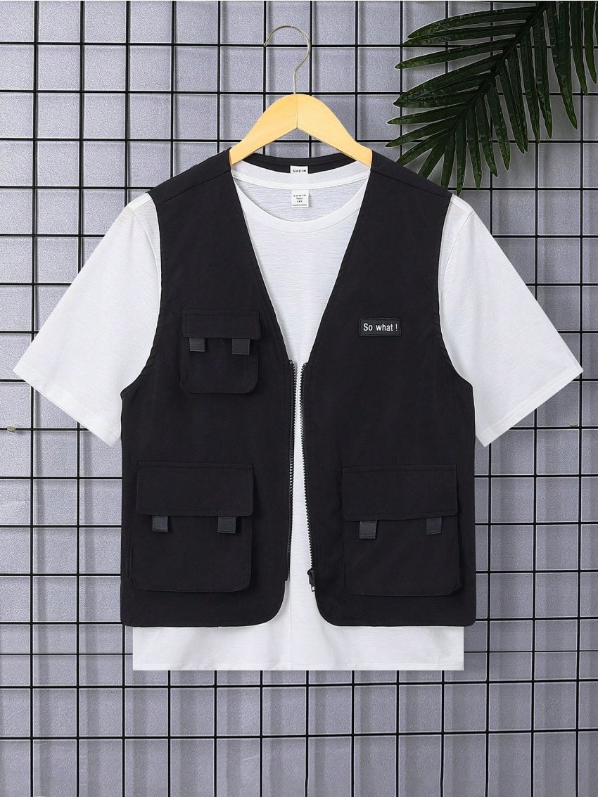SHEIN Teenage Boys' Casual Utility Vest With Multiple Pockets, Sleeveless
