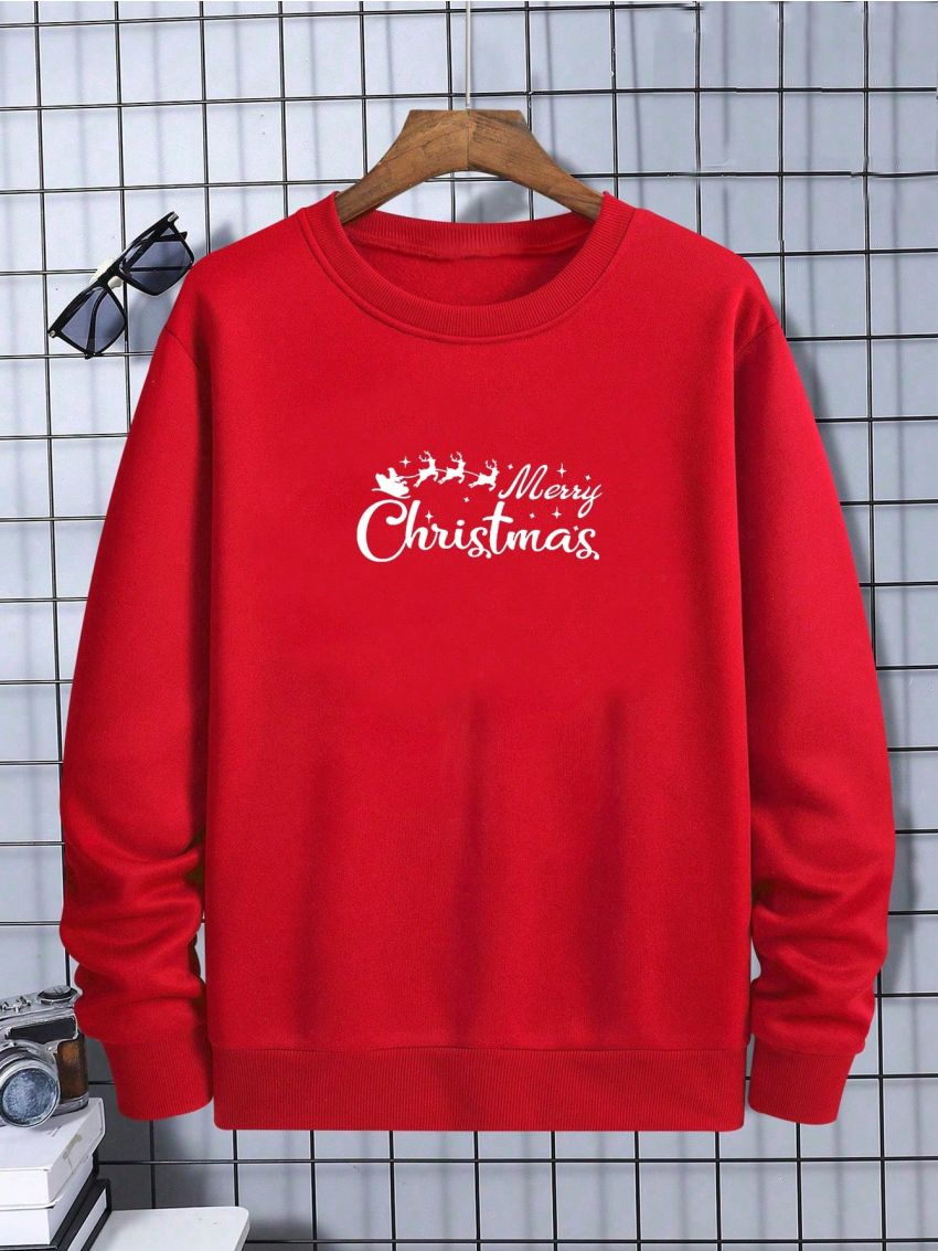 Men's Loose Fit Warm Fleece Lined Christmas Print Round Neck Sweatshirt