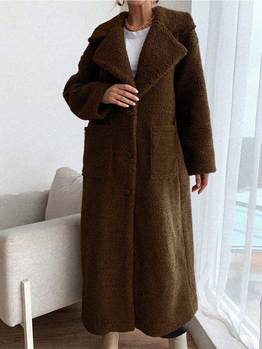 SHEIN Essnce Women's Solid Color Oversized Lapel Double Pocket Coat