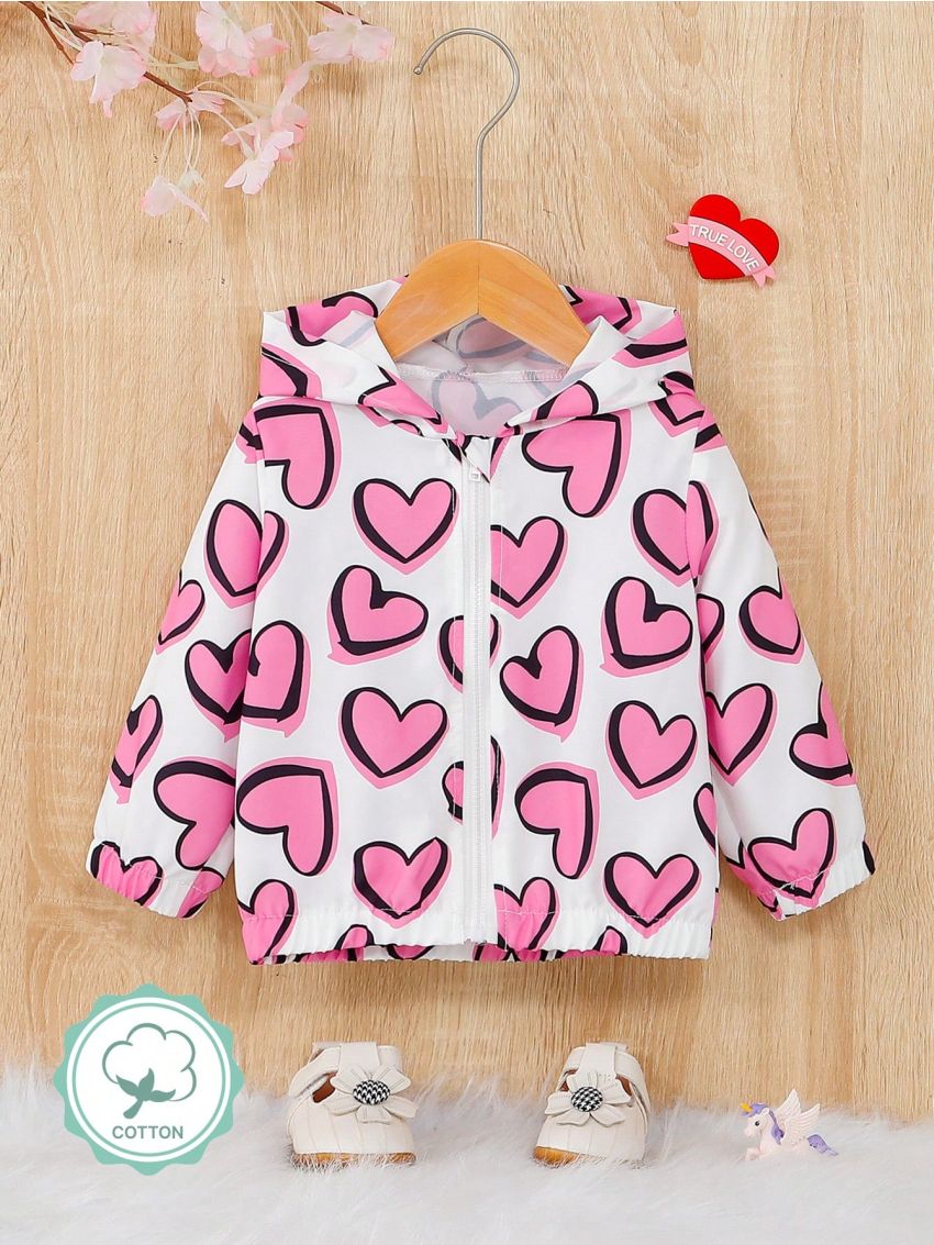 SHEIN Baby Girl Basic, Casual, Sporty, Stylish, Cute, Fun & Heart Pattern Printed Hooded Jacket With Long Sleeves For Spring & Summer, Suitable For Valentine's Day