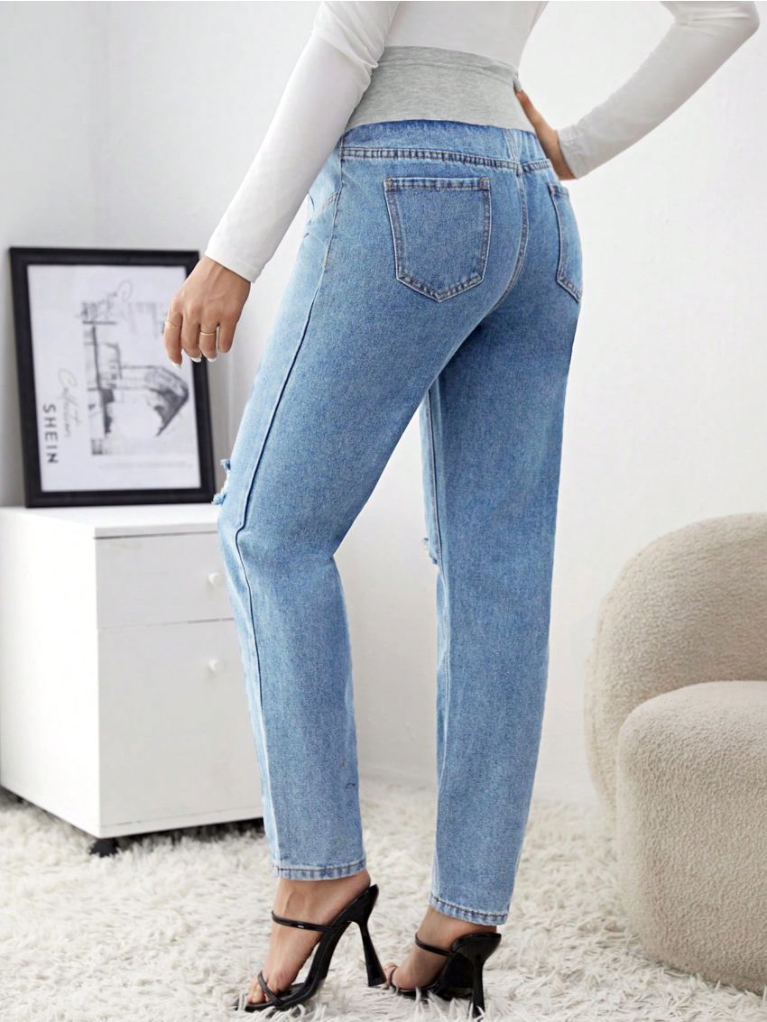 SHEIN Maternity Belly Support Ripped Denim Jeans