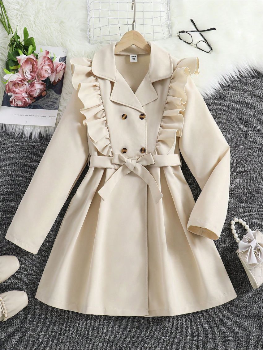 Teen Girls' Double Breasted Windbreaker Coat With Ruffle Hem