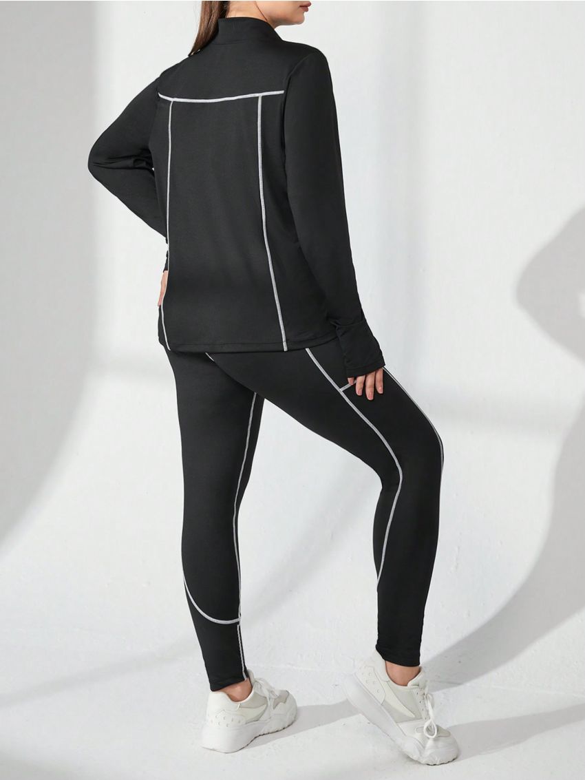 SHEIN Yoga Trendy Plus Size Striped Long Pants & Long Sleeve Top With Thumb Holes And Zipper Set