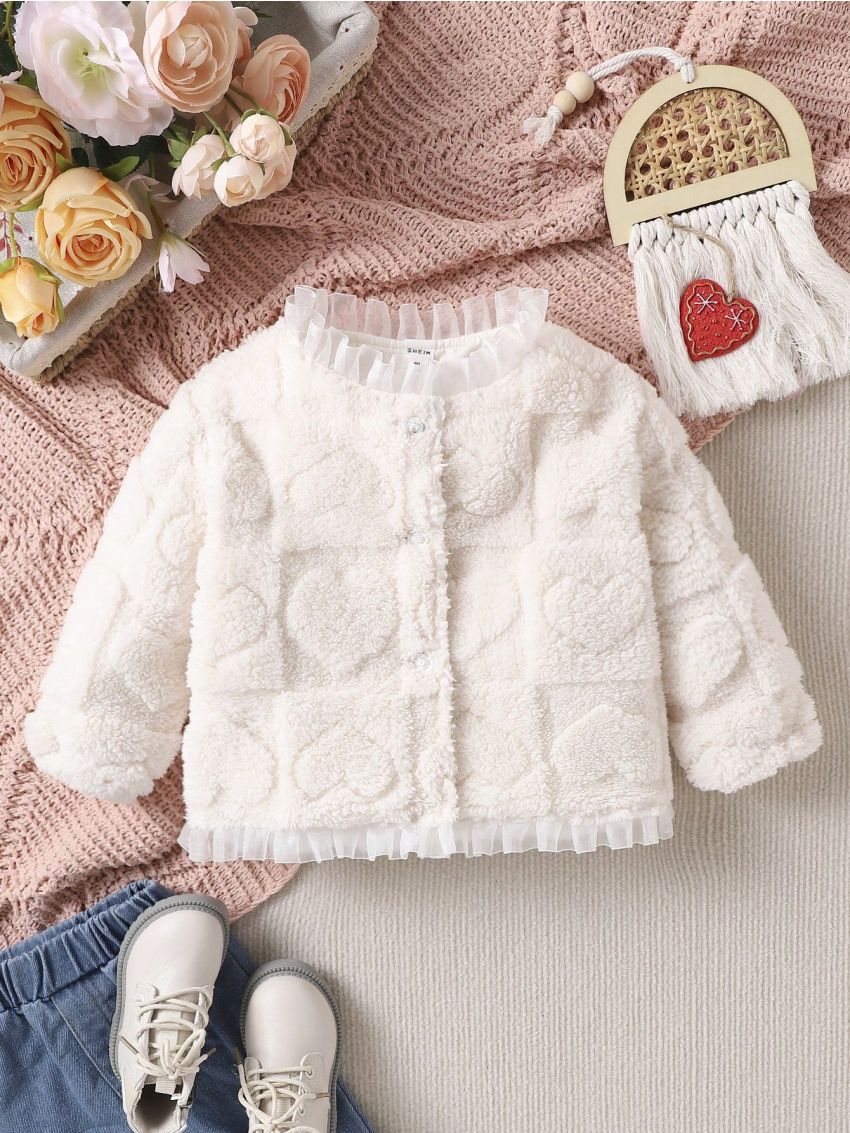 Baby Girls' Teddy Coat With Heart Pressed Flowers And Ruffle Details, Autumn And Winter