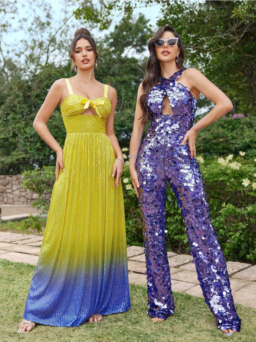 SHEIN Belle Sparkly Party Jumpsuit With Crossed Shoulder Straps, Front Hollow Out Detail And Back Tie