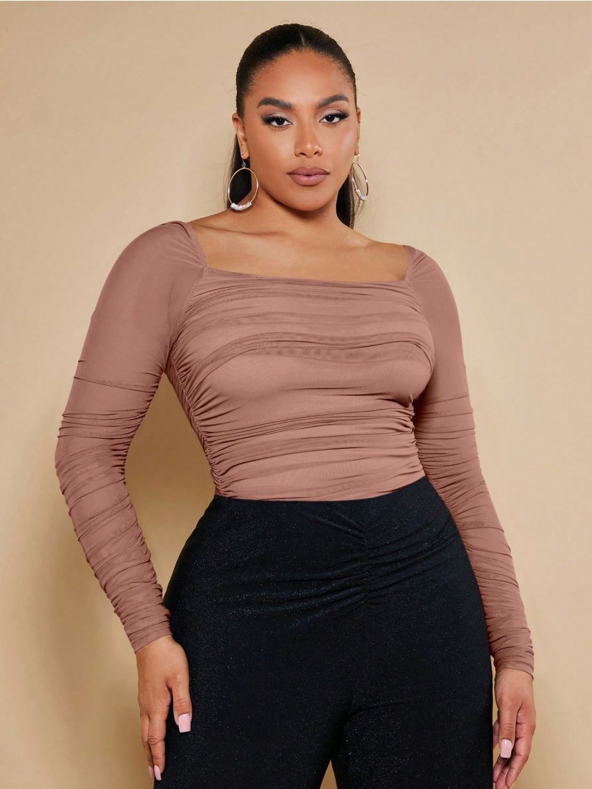 SHEIN BAE Plus Square Neck Ruched Mesh Blouse