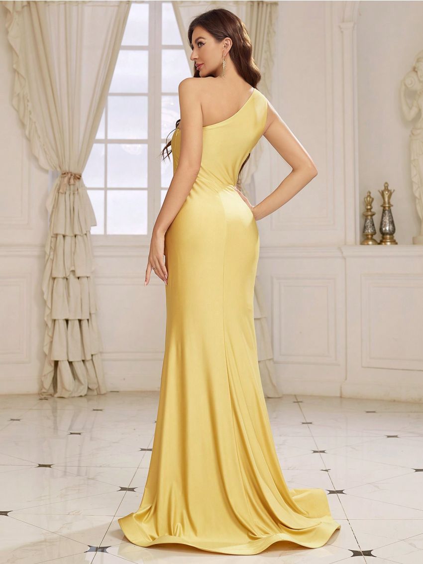 SHEIN Belle Women's One Shoulder/slanted Shoulder Hollowed-out Front Ruffle Waist Fish Tail Evening Dress (heavy Weight)