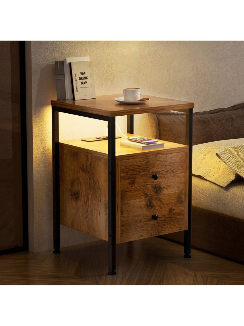 GINRGINR LED Nightstand Charging Station, Wood Nightstand with 2 Deep Drawers & Shelves, Bed Side End Table for Bedroom & Living Room, Rustic Brown, Rustic Grey, 15.7