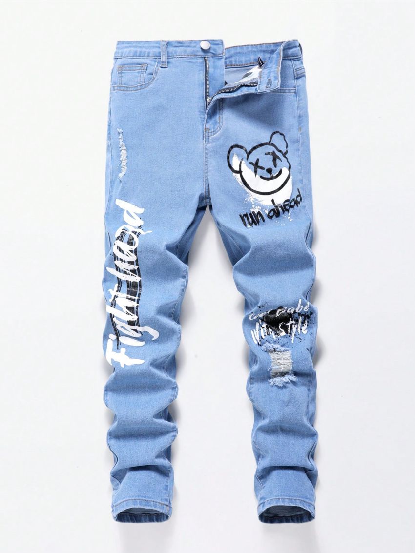 SHEIN Teen Boys' Casual Graffiti And Bear Print Washed High Stretch Skinny Light Blue Jeans For Spring And Summer