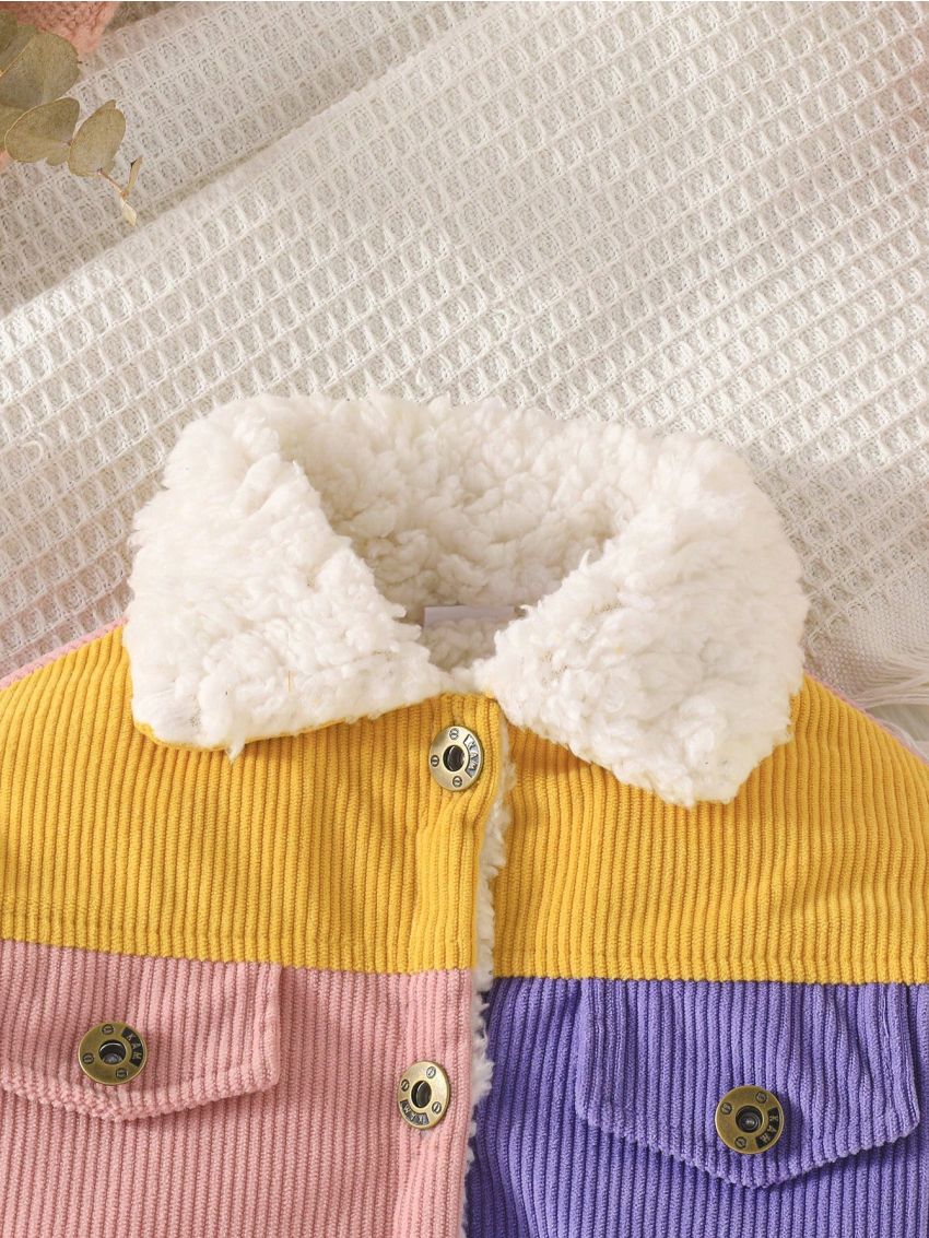 Baby Girl Colorblock Borg Collar Flap Detail Thermal Lined Corduroy Coat