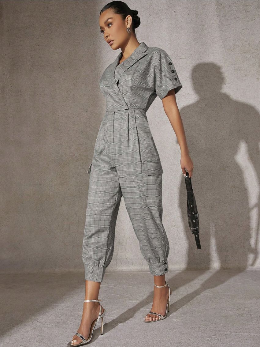 KUNSHENG Plaid Lapel Wrap Button Hem Jumpsuit