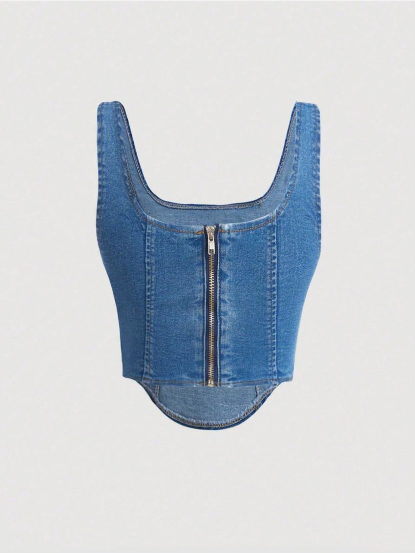 SHEIN Teen Girl Sun Print Curved Hem Denim Tank Top