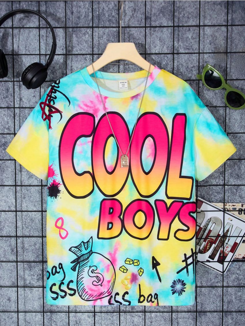 SHEIN Kids EVRYDAY 1pc Tween Boy Round Neck Short Sleeve Tie-Dye Big Pattern Casual T-Shirt For Summer