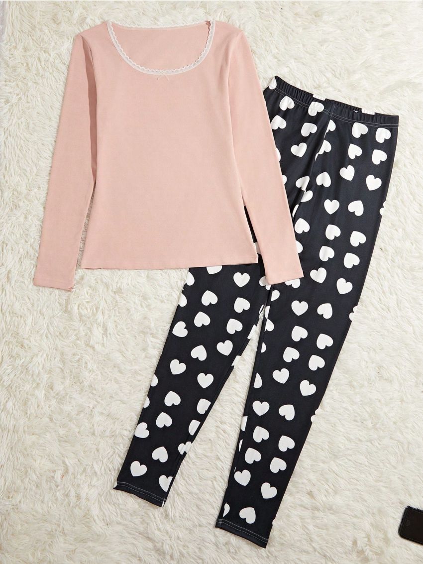 Lace Trim Tee & Heart Print Pants Thermal Underwear Set