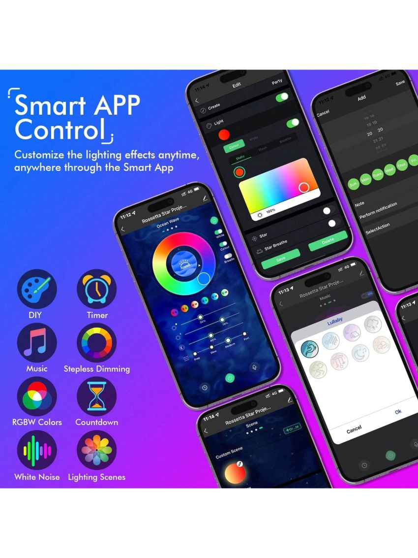 Rossetta Galaxy Projector for Bedroom, Smart App Star Light Projector with Bluetooth Speaker and White Noise, Night Light for Kids Adults Game Room, Home Party, Ceiling, Room Décor