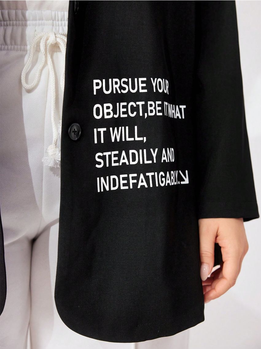 SHEIN Mulvari Plus Size Women'S Long Sleeve Suit Jacket With Slogan Print