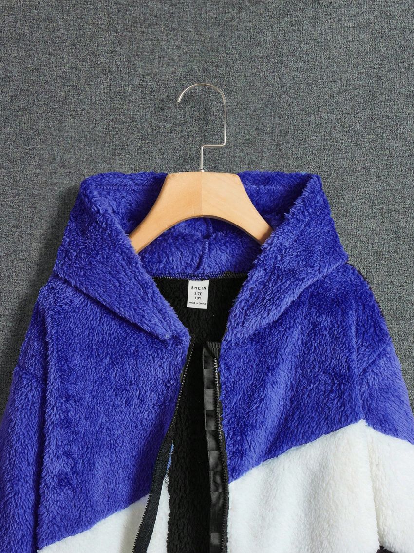 SHEIN Tween Boys' Color Block Hoodies Plush Jacket