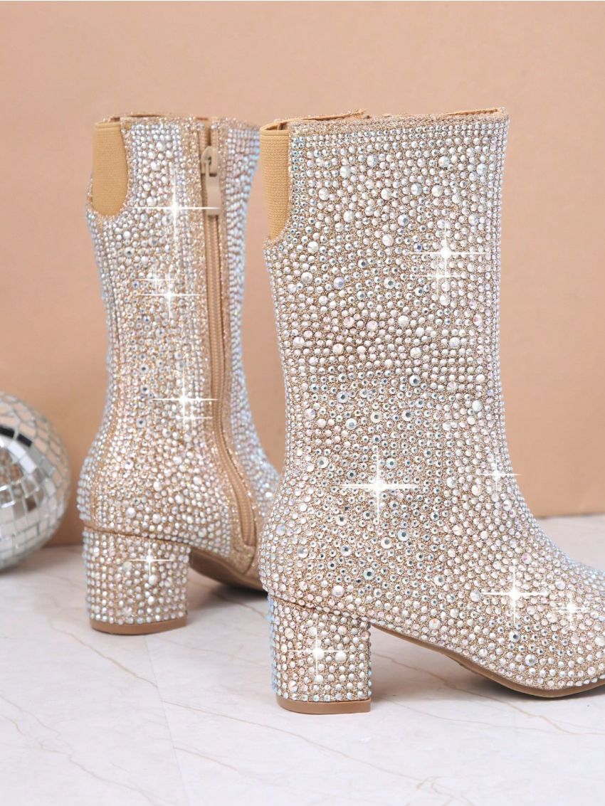 Girls Rhinestone Decor Side Zipper Boots