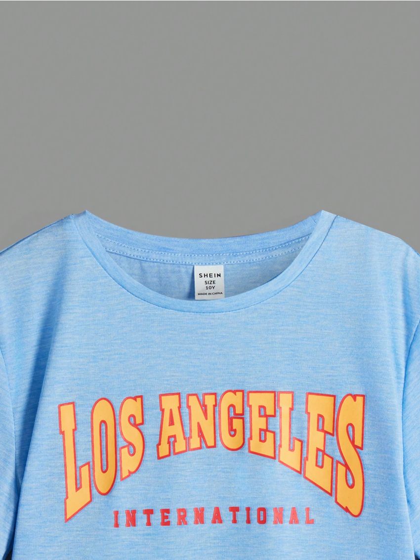 SHEIN Kids EVRYDAY Boys' Fashionable Casual T-Shirt With Letter Print And Color Block Design, Round Neck