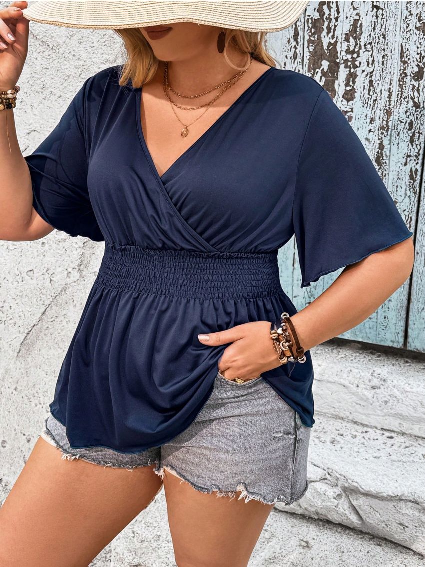 Plus Size Solid Color Shirred Gathered Waist T-Shirt