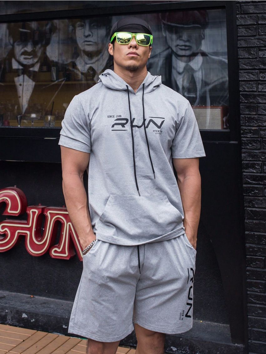 Men Letter Graphic Drawstring Hooded Sports Set