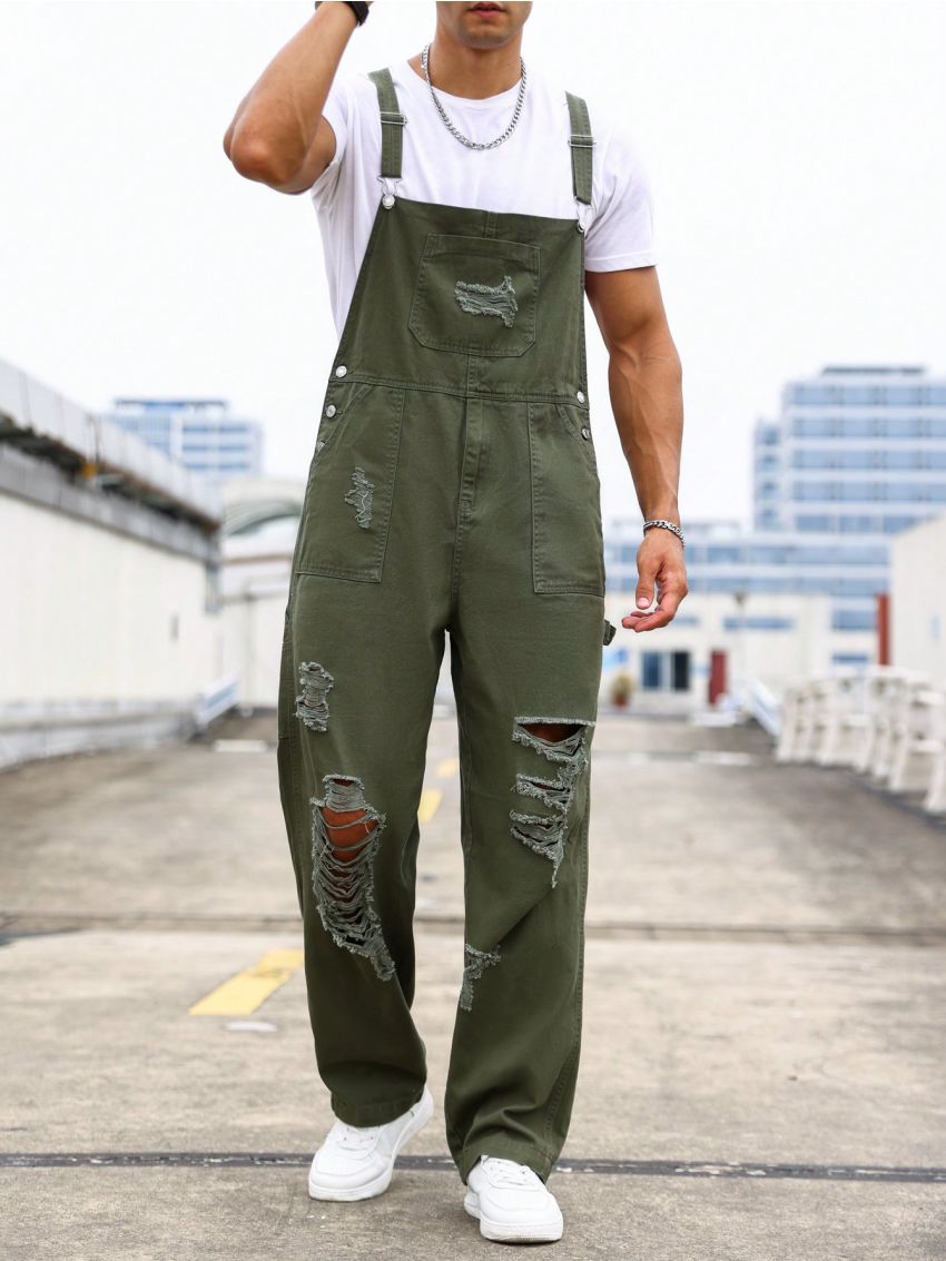 Men Ripped Slant Pocket Denim Overalls Without Tee
