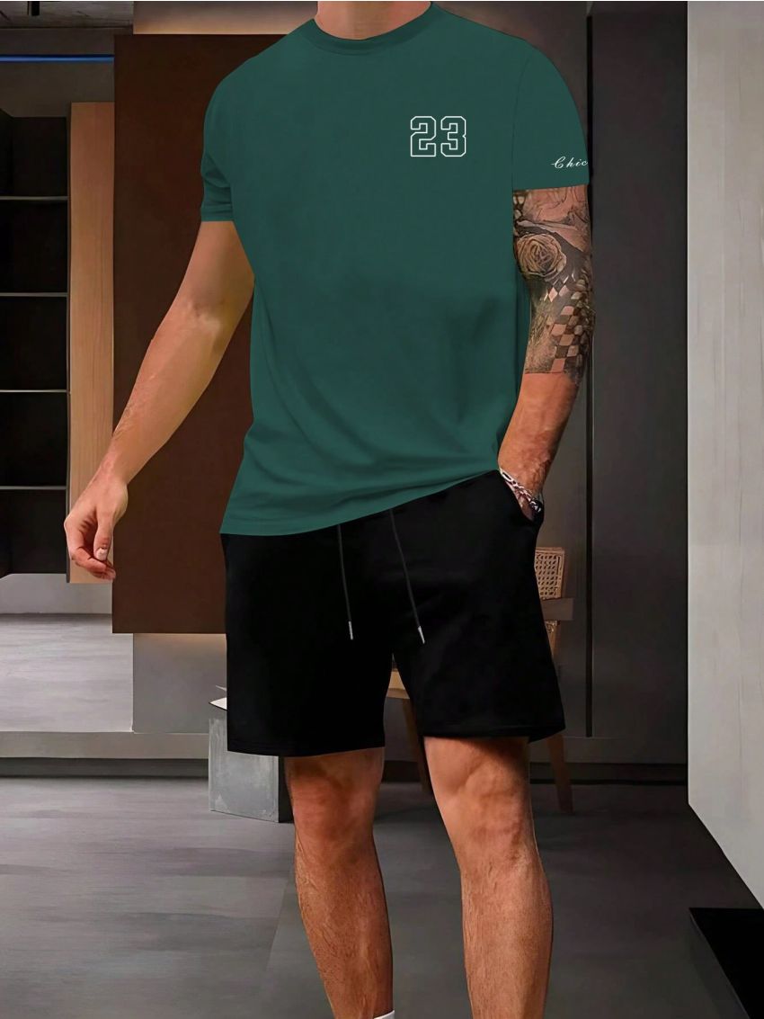 Manfinity Homme Men's Plus Size Printed T-Shirt And Shorts Set With Numbers And Letters Design
