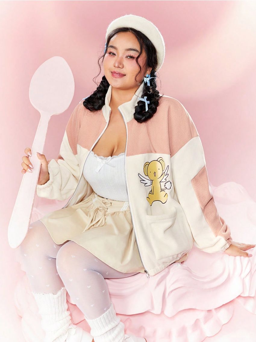 CARDCAPTOR SAKURA | SHEIN Plus Size Cartoon Pattern Contrast Stand Collar Long Sleeve Jacket