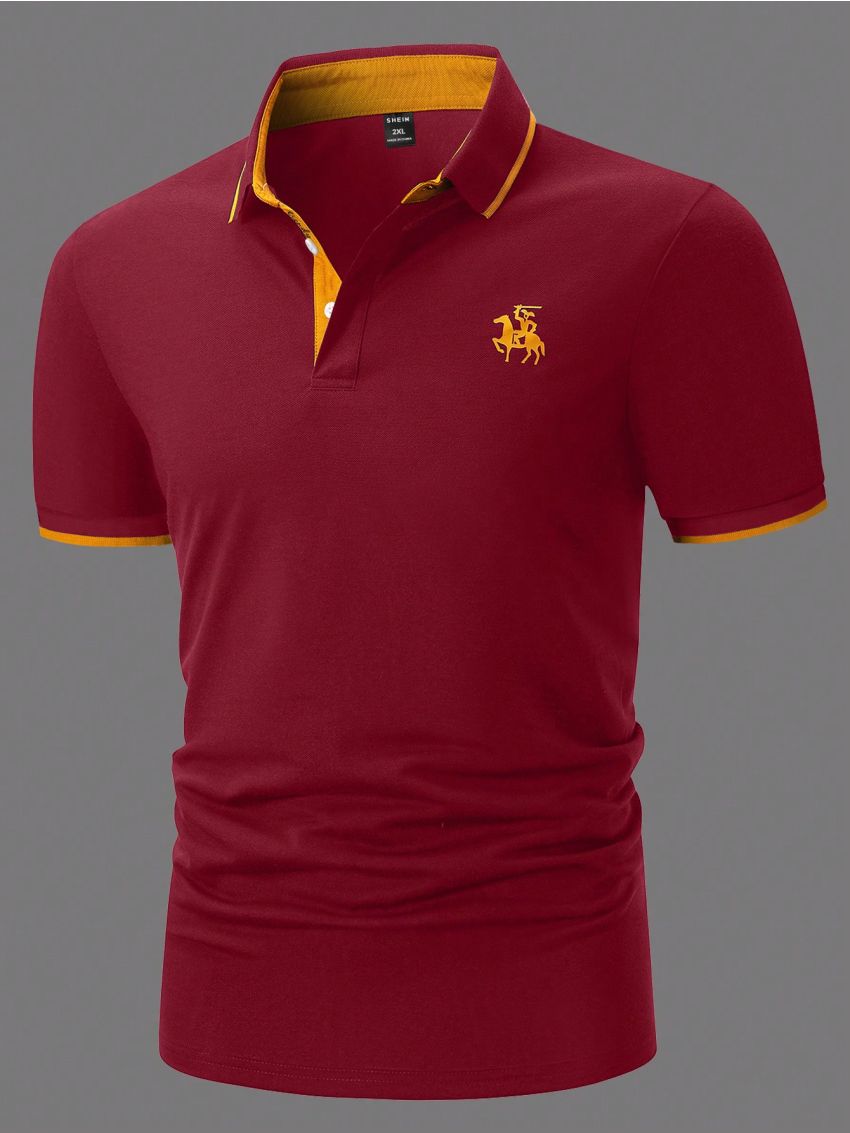 Men Horse Print Contrast Trim Polo Shirt