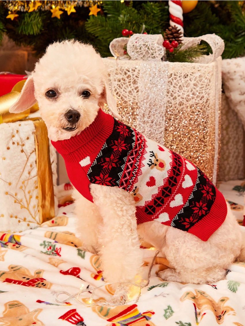 PETSIN Christmas Reindeer Fair Isle Pattern Red Pet Sweater