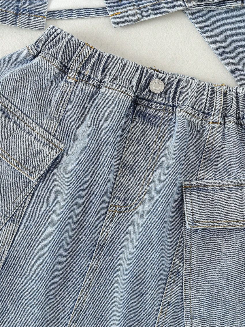 Girls' Softened Water Washed Simple Denim Skirt Suit With Workwear Style