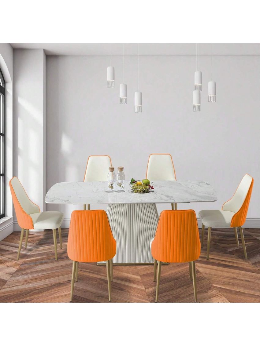 Montary 7 Piece Dining Room Set, Modern Dining Table and Chairs Set, Sintered Stone Dining Table Set for 6, White Marble Dining Table with 6 Orange Chairs for Kitchen, Dining Room