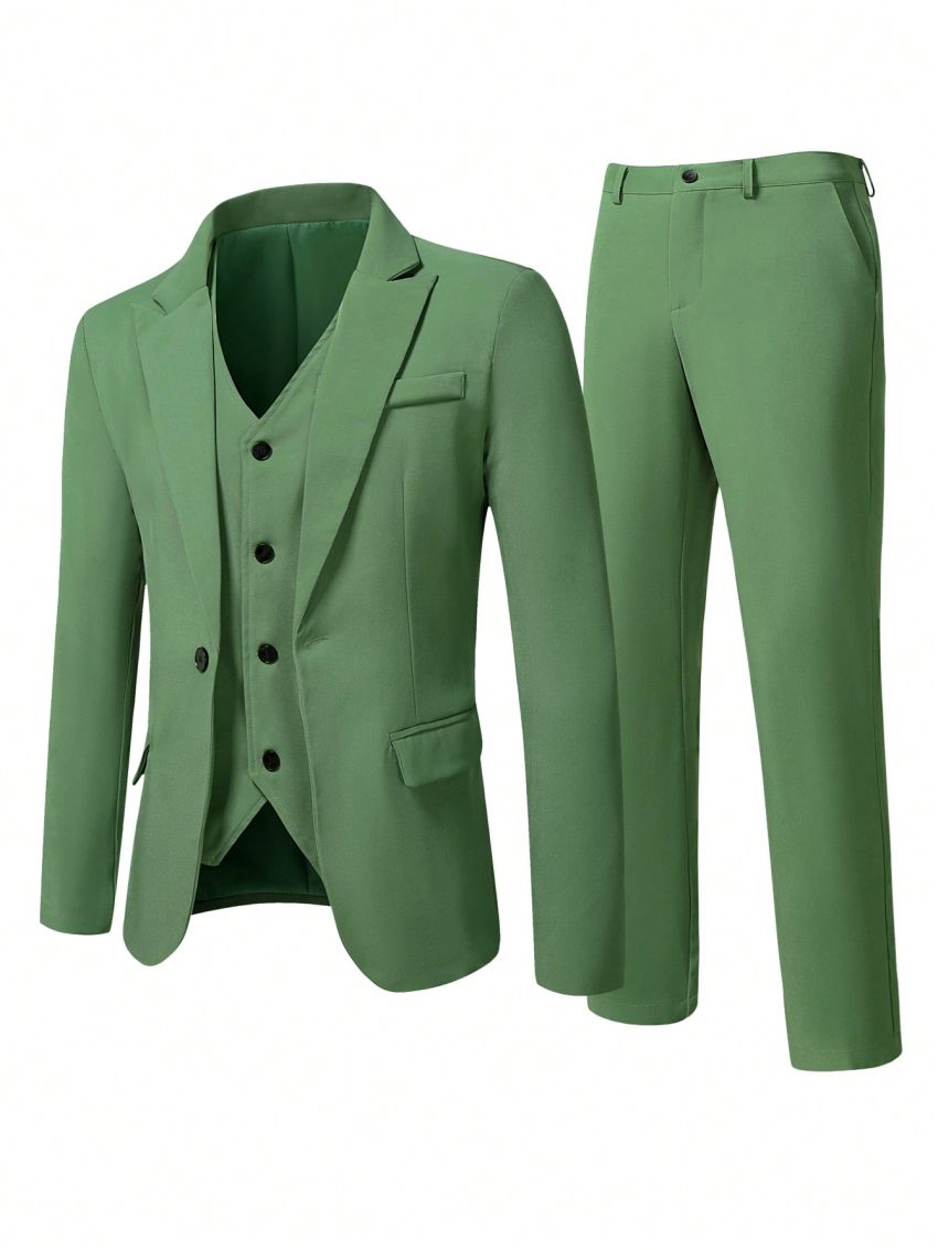 Men's Solid Color Suit Set, Including Jacket, Vest And Pants