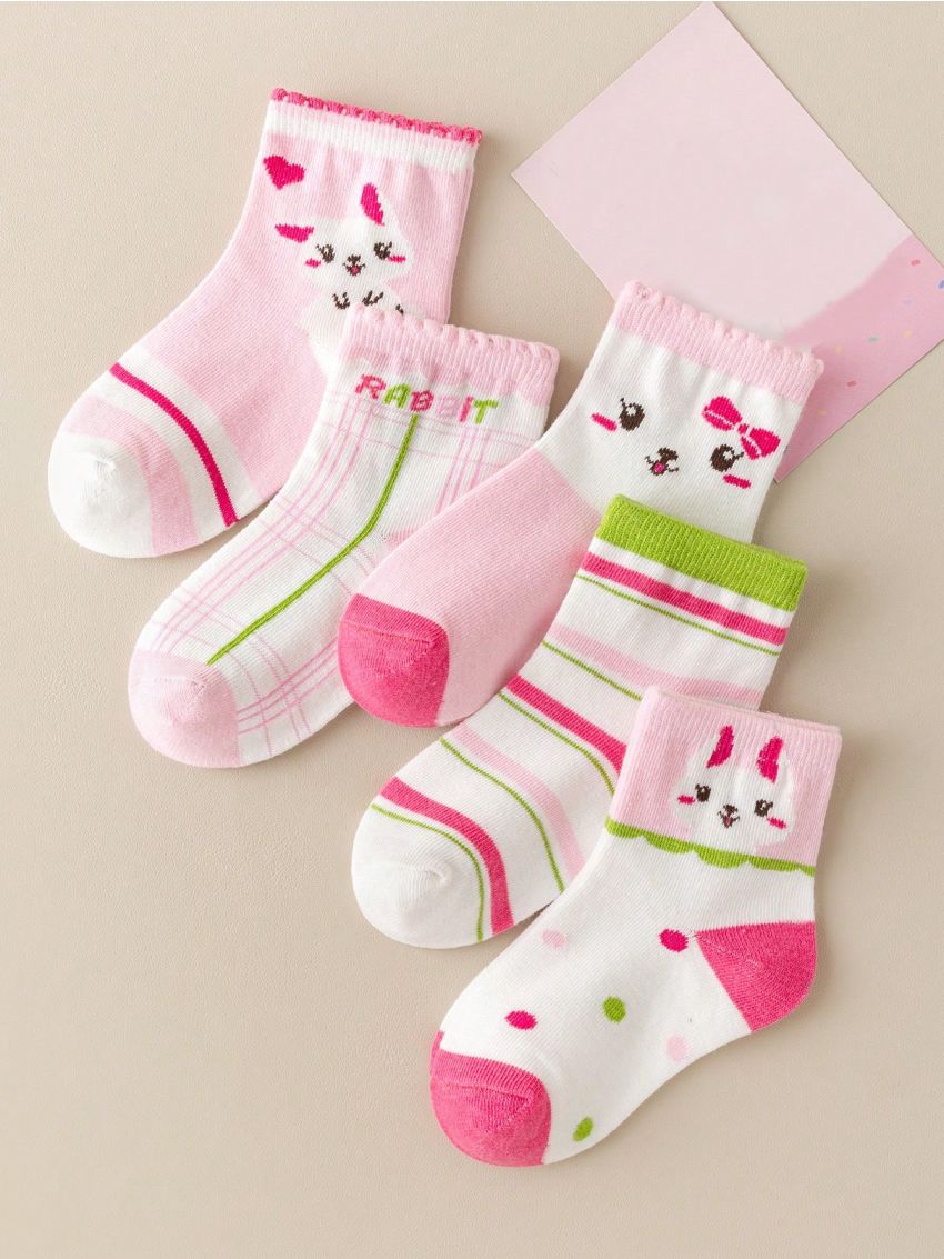 5pairs/set Girls' Cartoon Rabbit Mid-calf Socks Suitable For Everyday Wear All Year Round