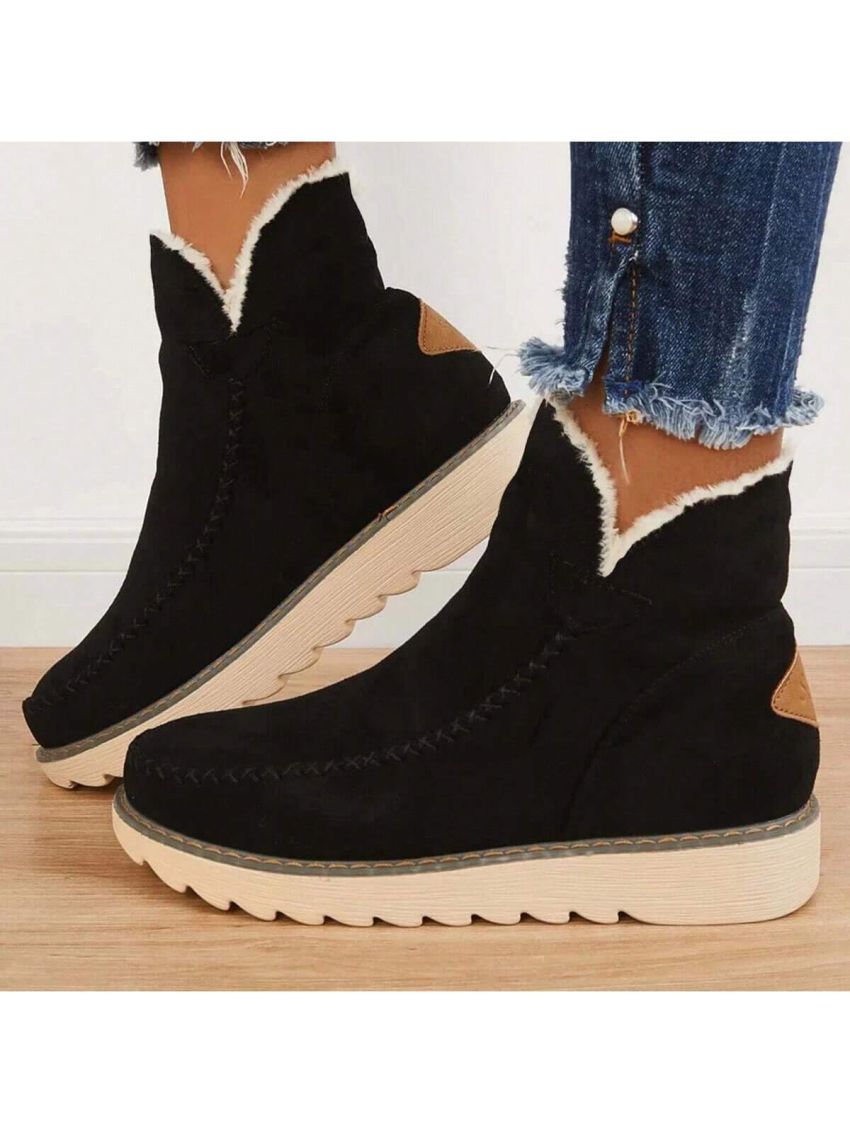Women's Warm Lined Solid Color Flat Ankle Boots With Thick Soles For Winter