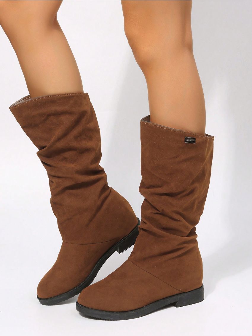 Women's Wedge Heel Thick Platform One-piece Slip-on Fashionable Ruched Boots With Hidden Heels Mid-calf Comfy Booties