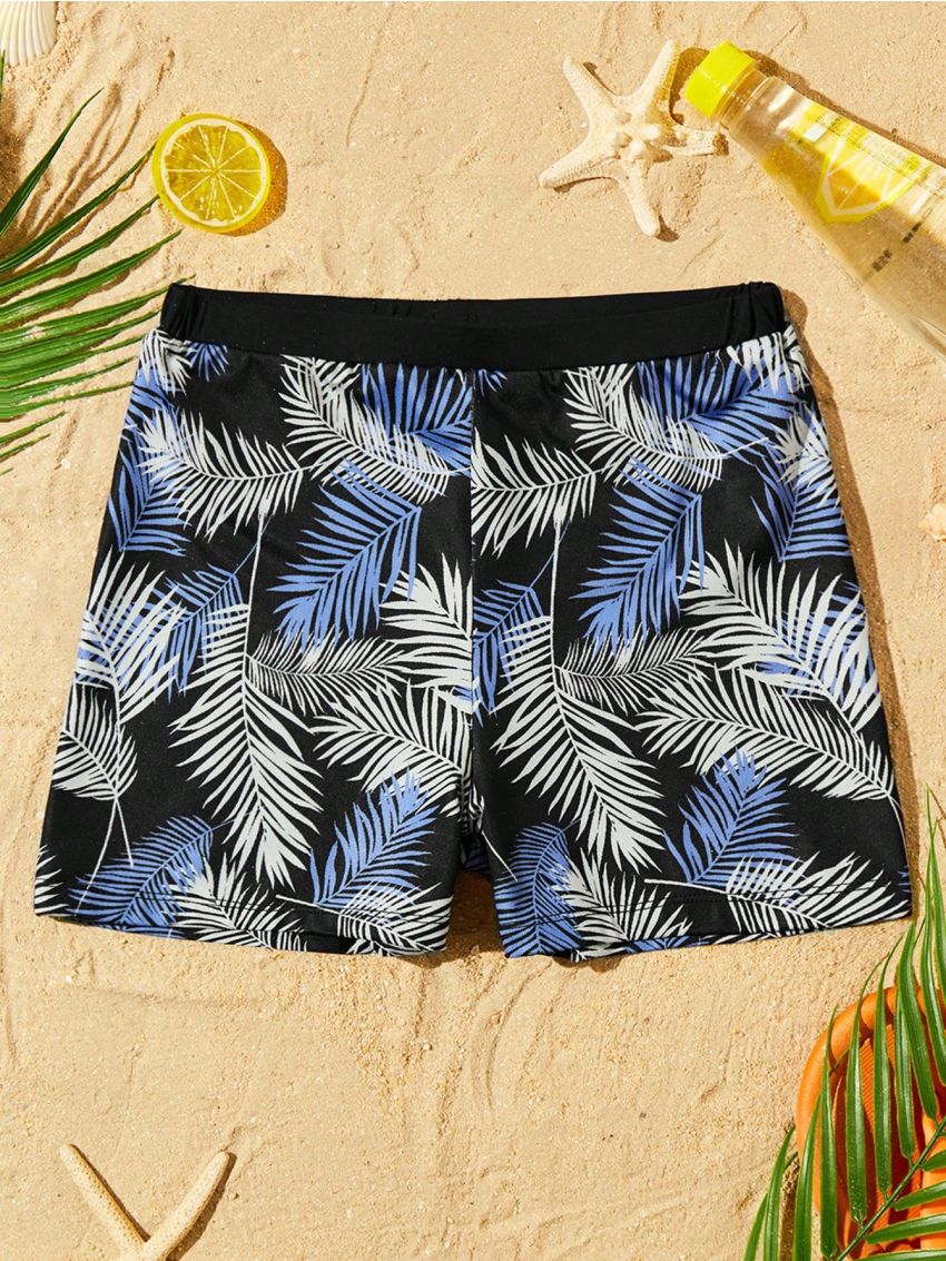 SHEIN Tween Boys' Casual Tight Knit Swimsuit With Plant Print