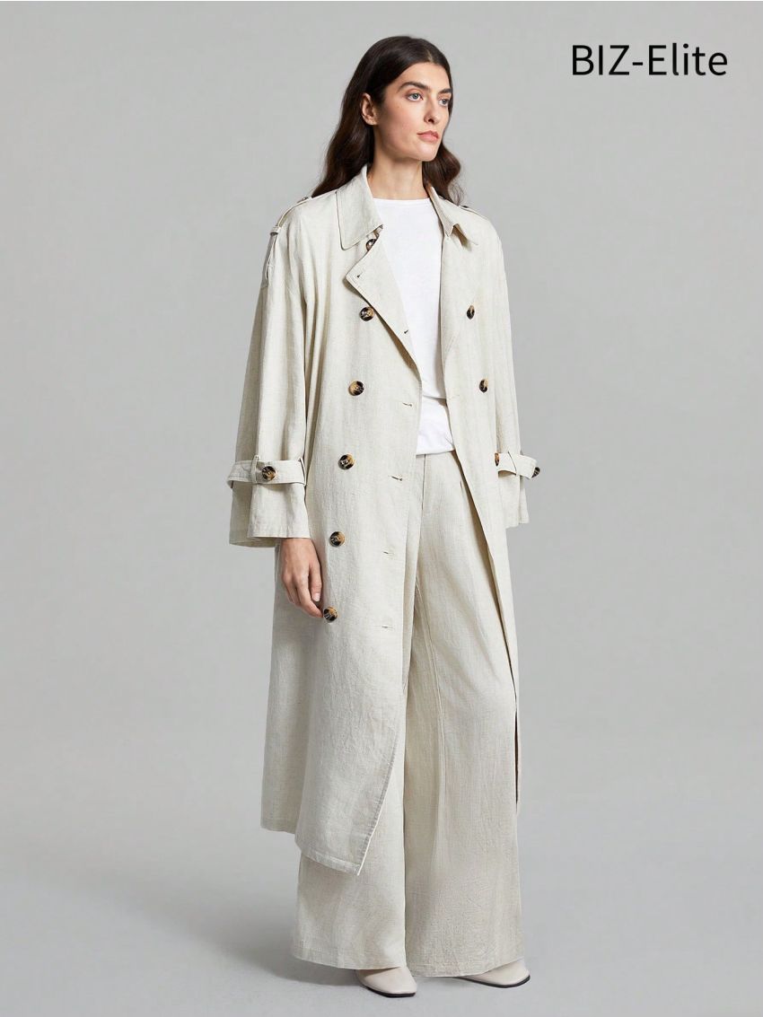 SHEIN BIZwear Double-breasted Notched Collar Casual Long Trench Coat