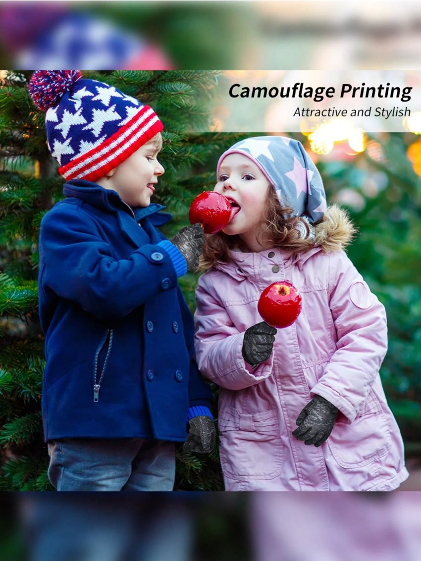 ATARNI Kids Thickened Fleece Winter Sports Gloves Touch Screen Warm Gloves Children Full Palm Non-slip Camouflage Printing Running Cycling Gloves for Boys and Girls Aged 6-12