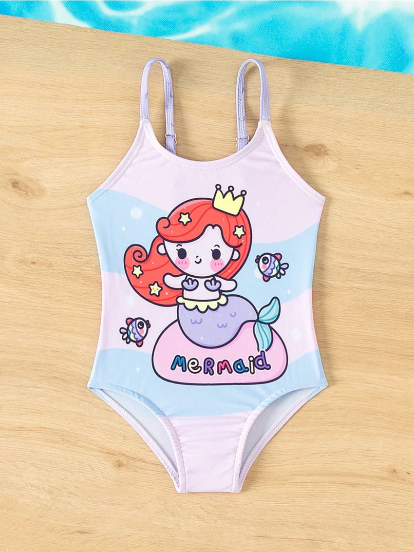 Baby Girl's Color Block Cartoon Printed One-Piece Swimsuit