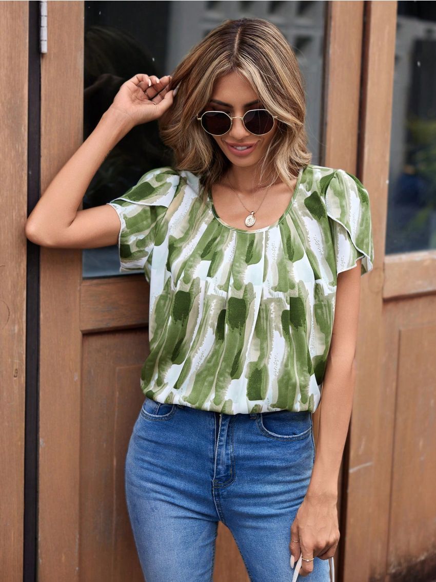 Brush Print Puff Sleeve Top