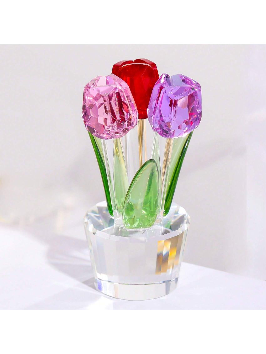 Tulips Glass Flowers Figurines Crystal Decor Collectibles Crystal Colorful Flowers Bouquet Ornaments Tulip Gifts for Women on Anniversary Wedding Christmas Valentines Mothers Day