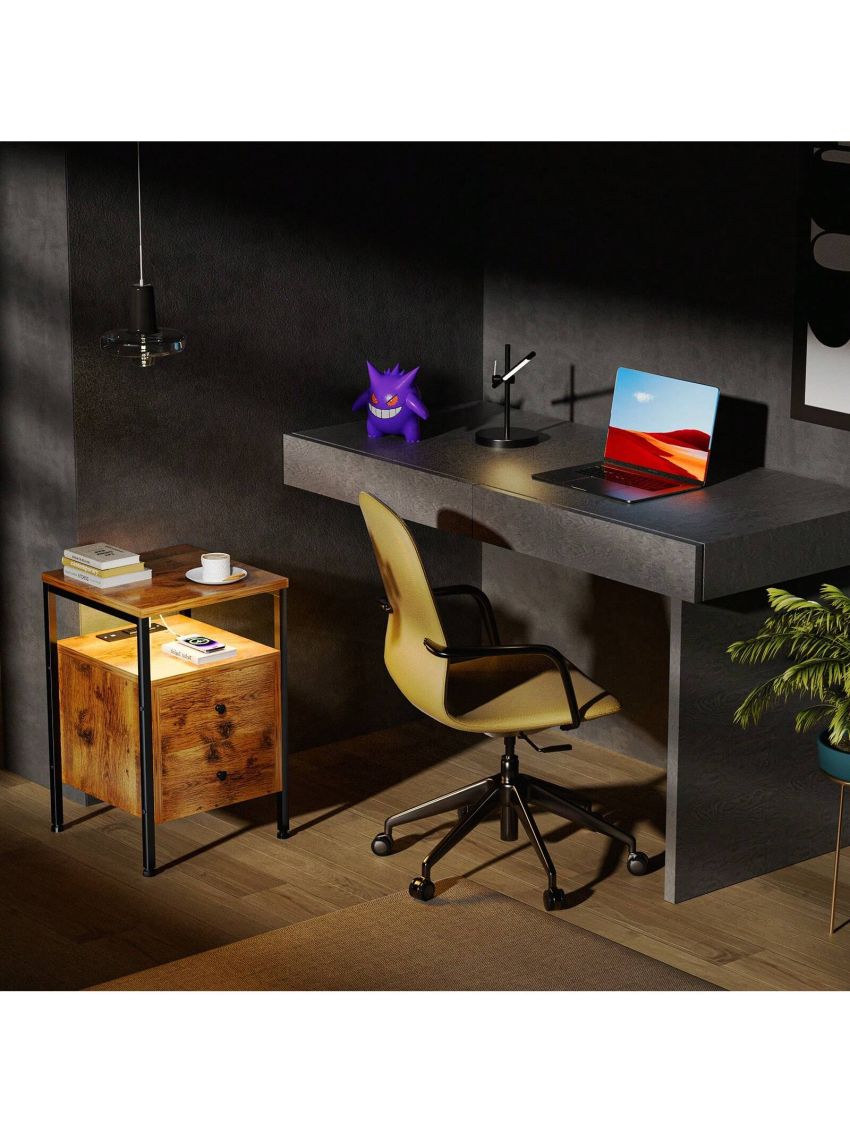 GINRGINR LED Nightstand Charging Station, Wood Nightstand with 2 Deep Drawers & Shelves, Bed Side End Table for Bedroom & Living Room, Rustic Brown, Rustic Grey, 15.7