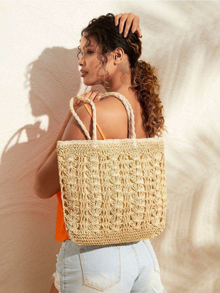 SHEIN VCAY Solid Crochet Simple Women's Tote Bag