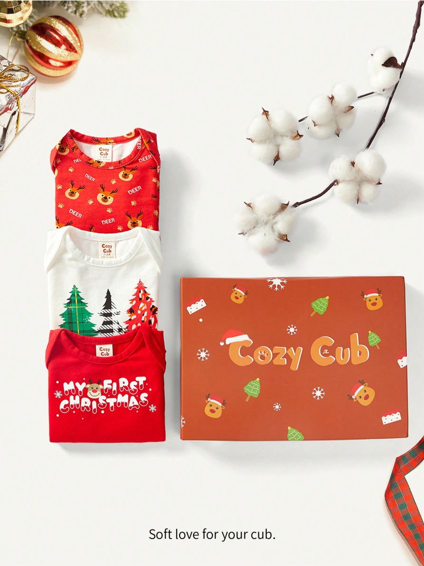 Cozy Cub Baby Boy 3pcs Christmas Print Gift Box Bodysuit