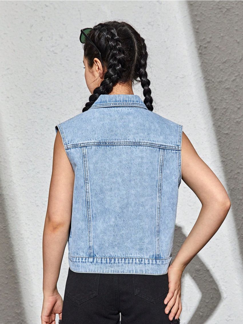 SHEIN Teen Girls Flap Pocket Ripped Denim Vest Jacket