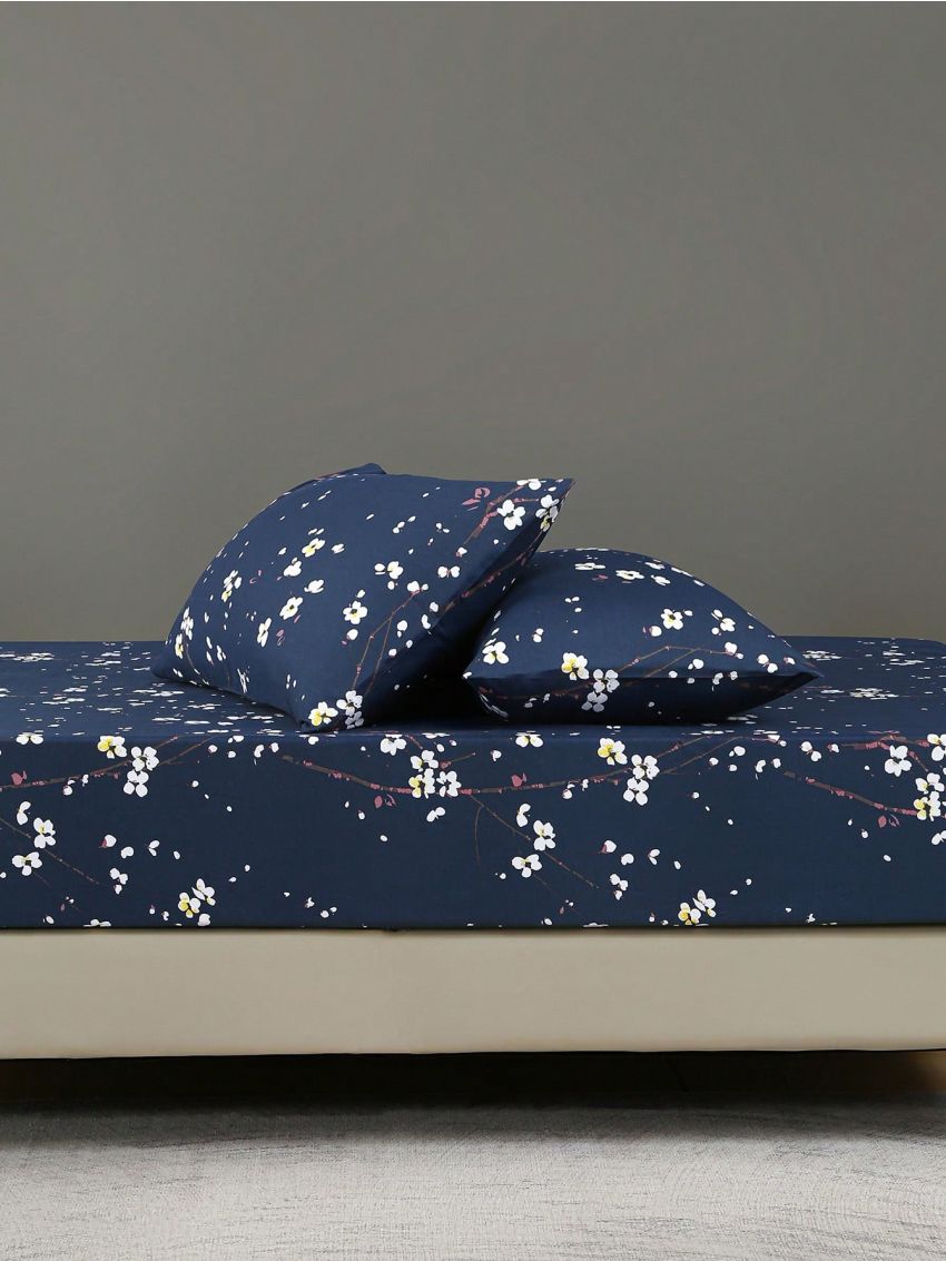 3pcs Fitted Sheet Sets, 90g Brushed Microfiber, Botanical Floral Pattern, 1 Fitted Sheet + 2 Pillowcases