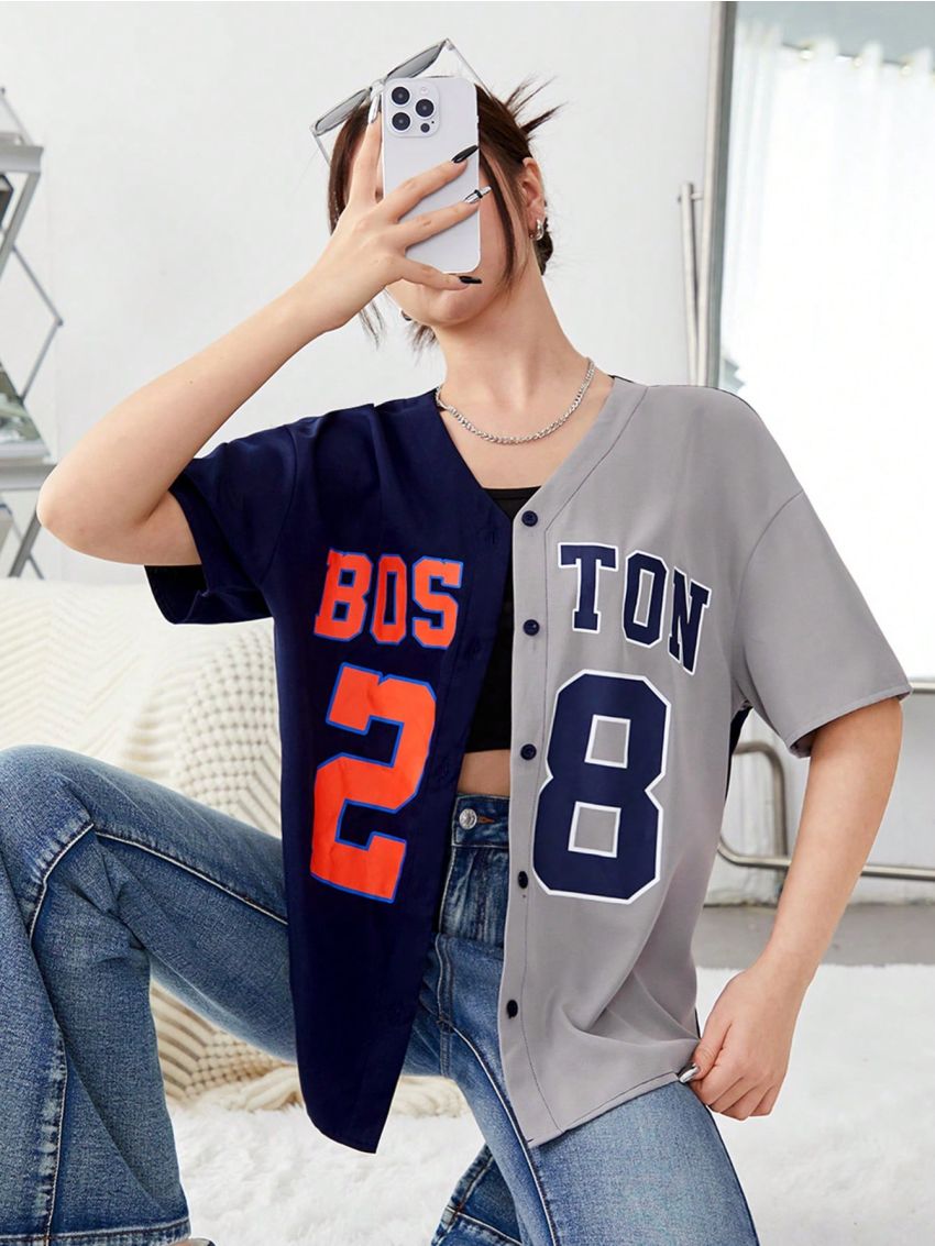 SHEIN Teen Girls' Woven Color Block Letter Print V-Neck Casual Shirt