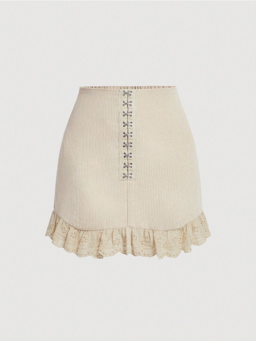 SHEIN MOD Women's Button Closure Plaid Hemline With Embroidered Lace Border Skirt