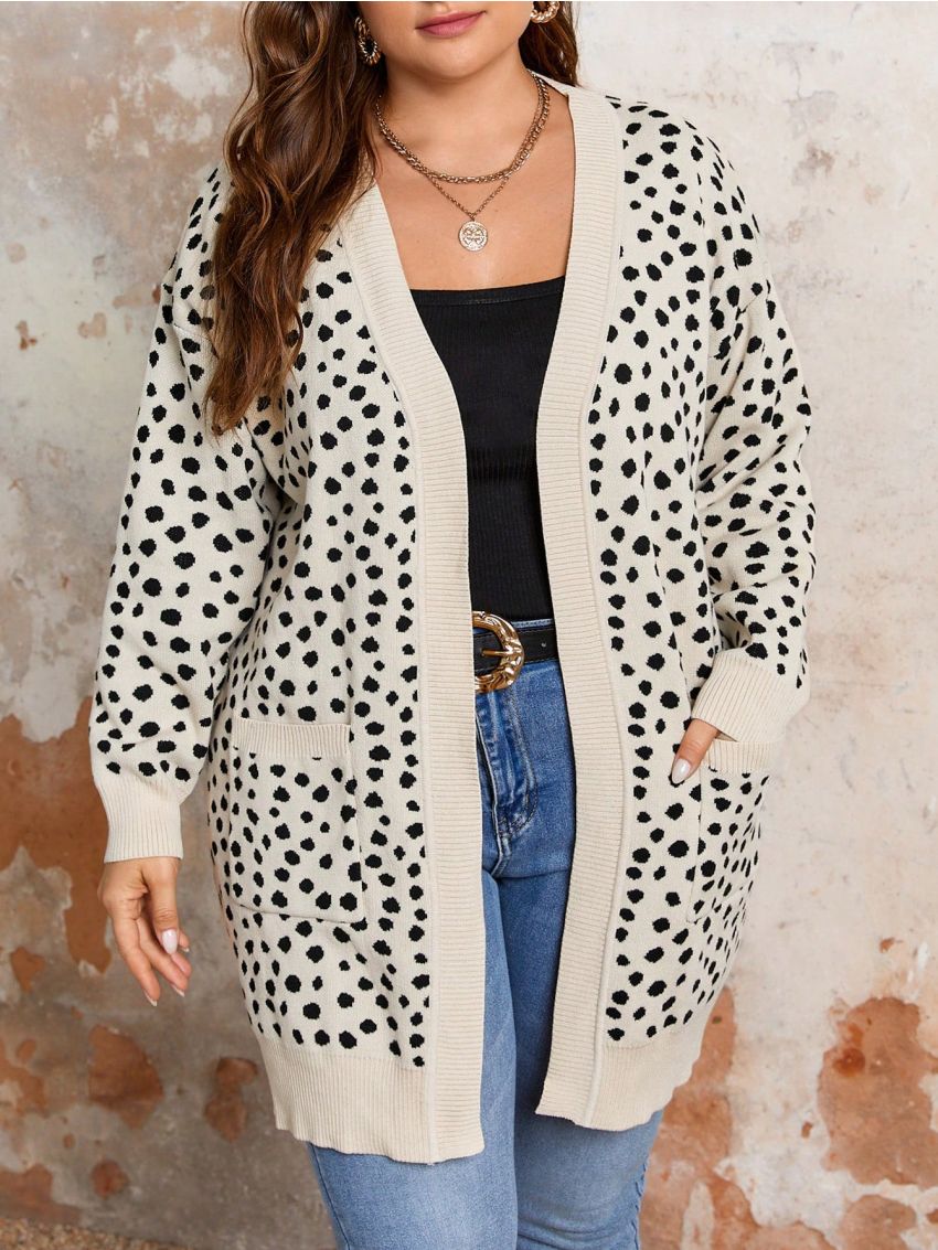 SHEIN Frenchy Plus Size Women'S Printed Open Front Cardigan With Double Pockets